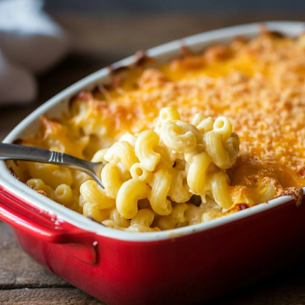 Classic Baked Macaroni and Cheese in a Red Dish