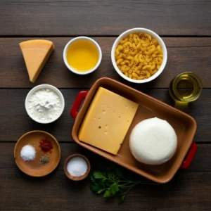 Top-down view of ingredients for baked macaroni and cheese, including elbow macaroni, blocks of cheese, flour, butter, olive oil, spices, and fresh parsley, arranged neatly on a wooden surface.