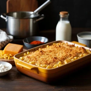 Freshly baked macaroni and cheese in a yellow casserole dish with a golden breadcrumb topping, surrounded by ingredients like cheese, milk, spices, and a saucepan in the background.