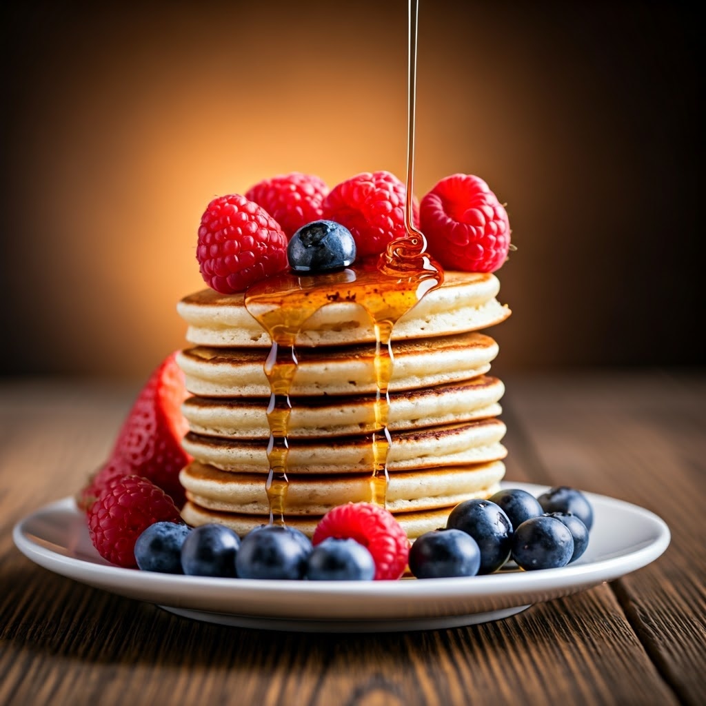 A vibrant stack of golden-brown mini pancakes drizzled with maple syrup and topped with fresh berries, placed on a rustic wooden table with a warm, inviting atmosphere.