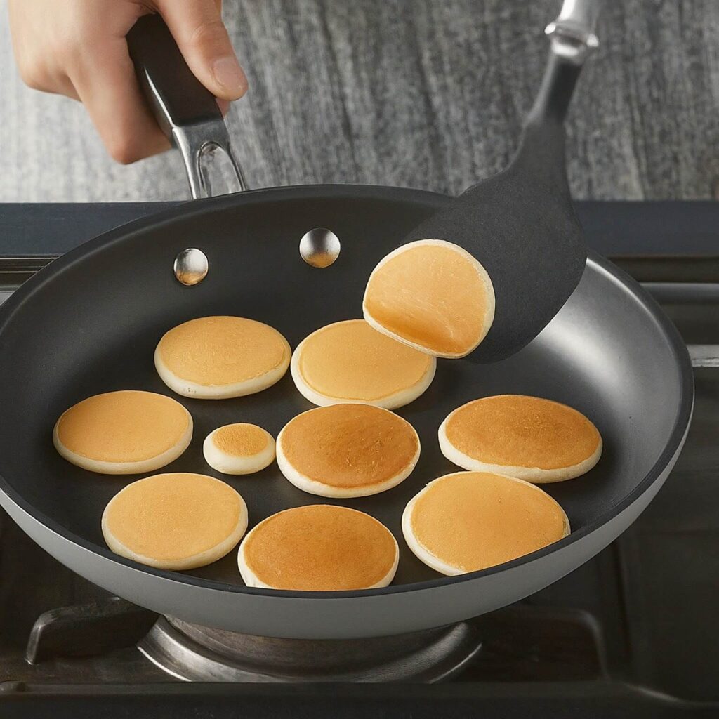 A step-by-step cooking process showcasing a non-stick skillet with perfectly formed mini pancakes, some flipped to reveal their golden underside, ready to be served.