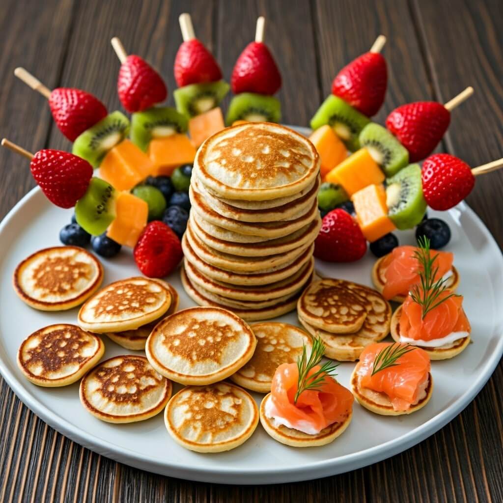 A beautifully arranged platter of mini pancakes served in multiple ways—classic stacks, skewers with fruit, and savory options with smoked salmon—highlighting their versatility for any meal.