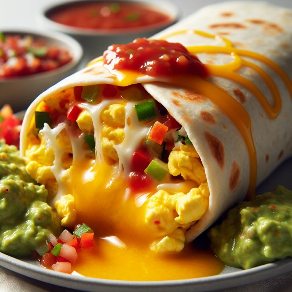 Delicious breakfast burrito with eggs, bacon, cheese, and vegetables served with salsa and guacamole.