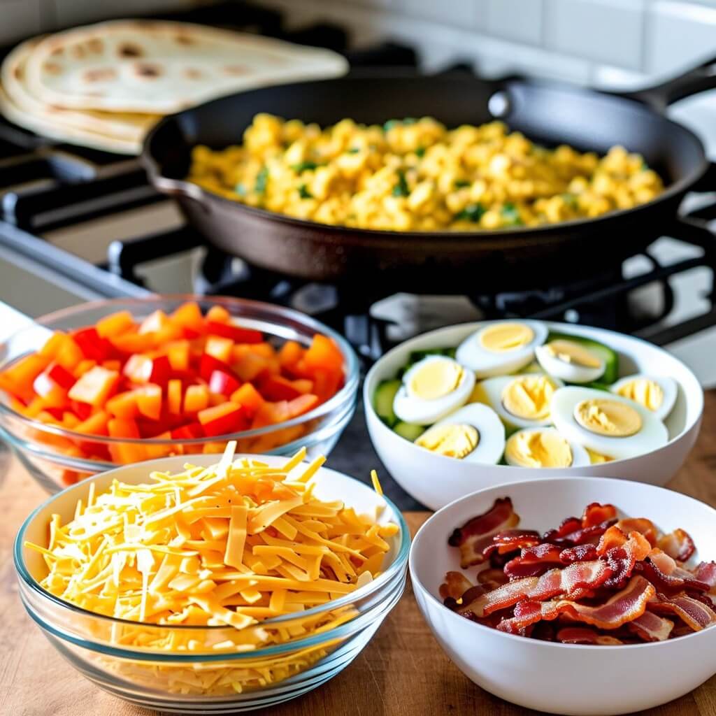 Ingredients for making breakfast burritos, including tortillas, eggs, cheese, bacon, and vegetables