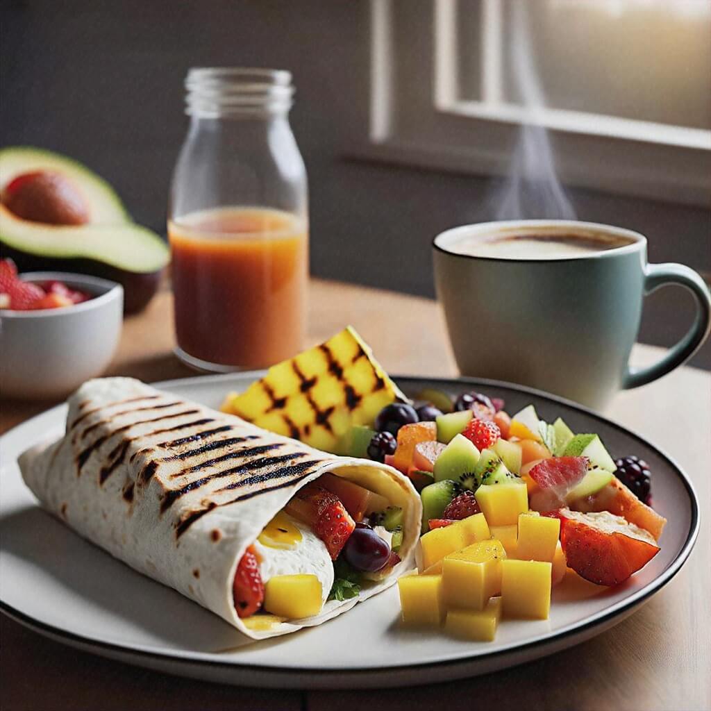 Grilled breakfast burrito served with fresh fruit, hot sauce, and coffee for a perfect morning meal