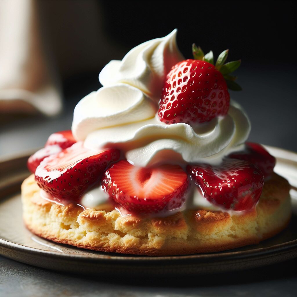 Strawberry shortcake with flaky biscuits, macerated strawberries, and whipped cream.