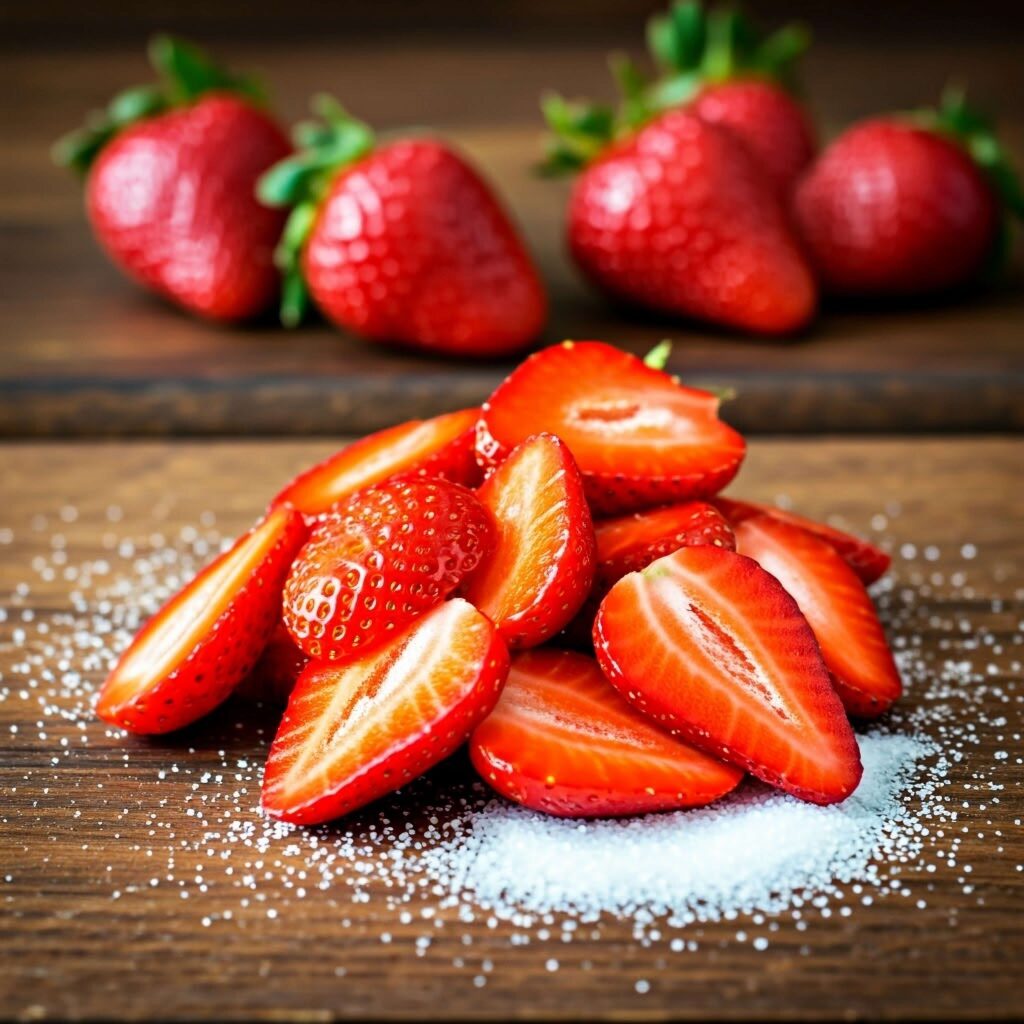 Sliced strawberries with sugar for a strawberry shortcake recipe.