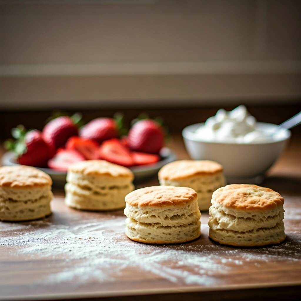 Homemade biscuits being shaped for strawberry shortcake.