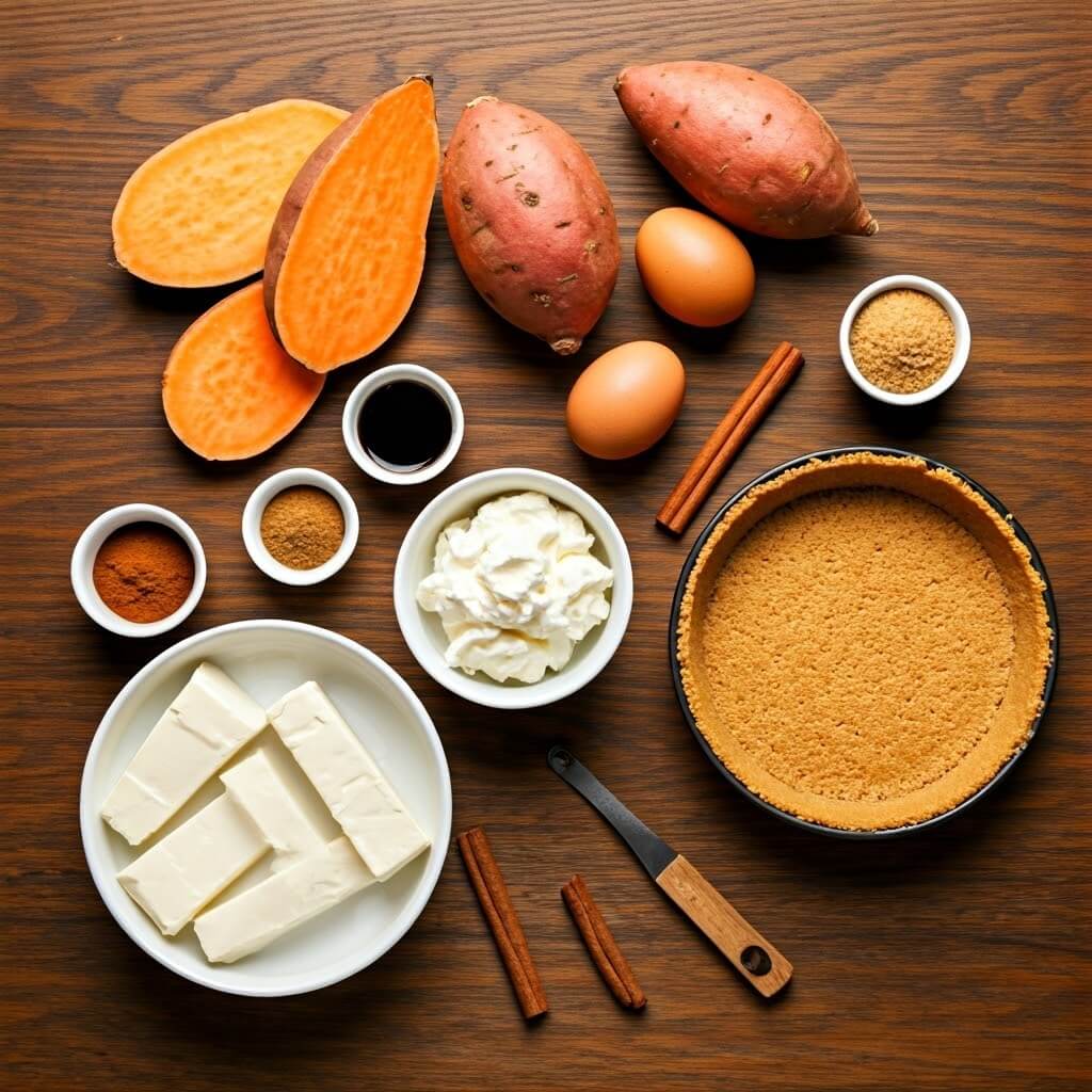 A flat-lay photo showcasing the key ingredients: fresh sweet potatoes, cream cheese blocks, brown sugar, spices, and graham cracker crumbs, beautifully arranged on a rustic kitchen counter.