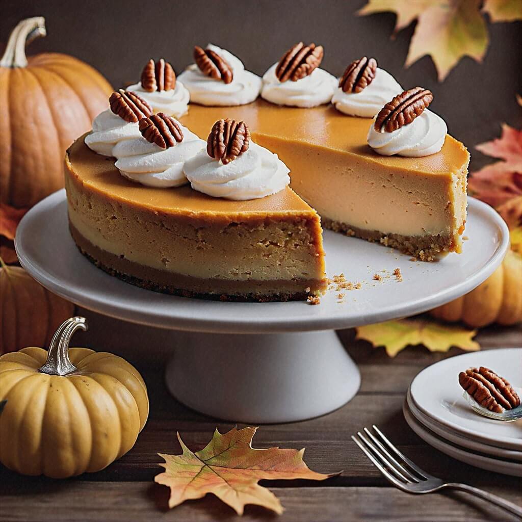 A whole sweet potato cheesecake garnished with caramel drizzle, candied pecans, and a light dusting of nutmeg, served on a festive table with holiday decorations in the background.