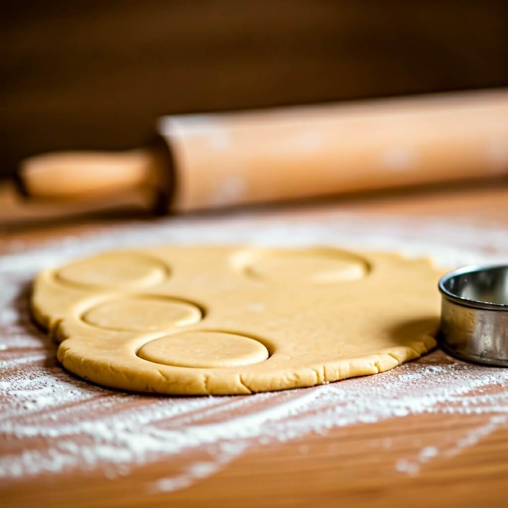 Close-up of rolling and cutting donut dough on a floured surface.