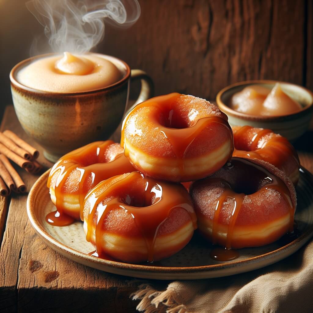 Apple cider donuts on a plate with chai tea and caramel drizzle