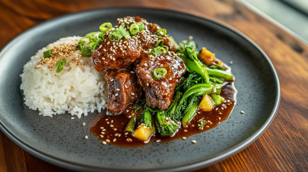 Braised beef tendon served with rice and vegetables on a ceramic plate