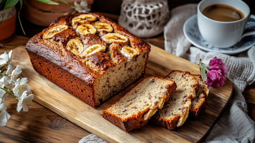 Freshly baked cottage cheese banana bread with ripe bananas and cottage cheese.
