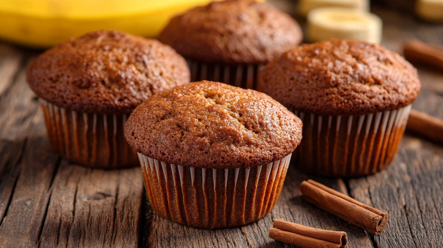 Freshly baked gluten-free banana bread muffins on a wooden surface with bananas and cinnamon.
