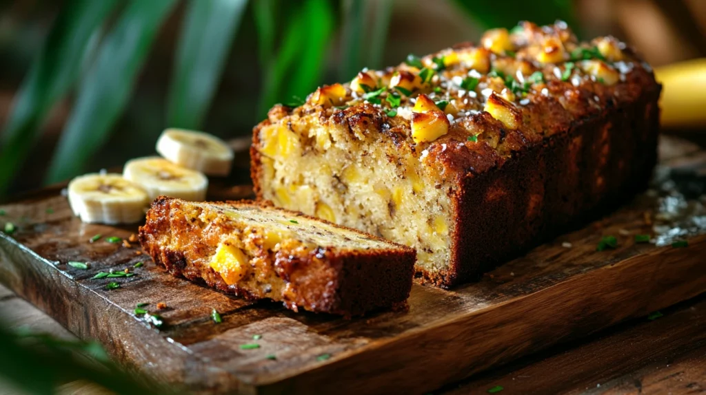 Freshly baked Hawaiian banana bread on a wooden board with banana slices and coconut flakes.