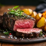 Beef teres major steak plated with herbs and crispy potatoes