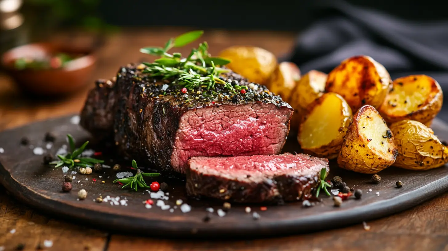 Beef teres major steak plated with herbs and crispy potatoes