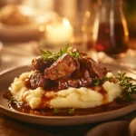 Plate of no peek beef tips with mashed potatoes on a rustic dinner table