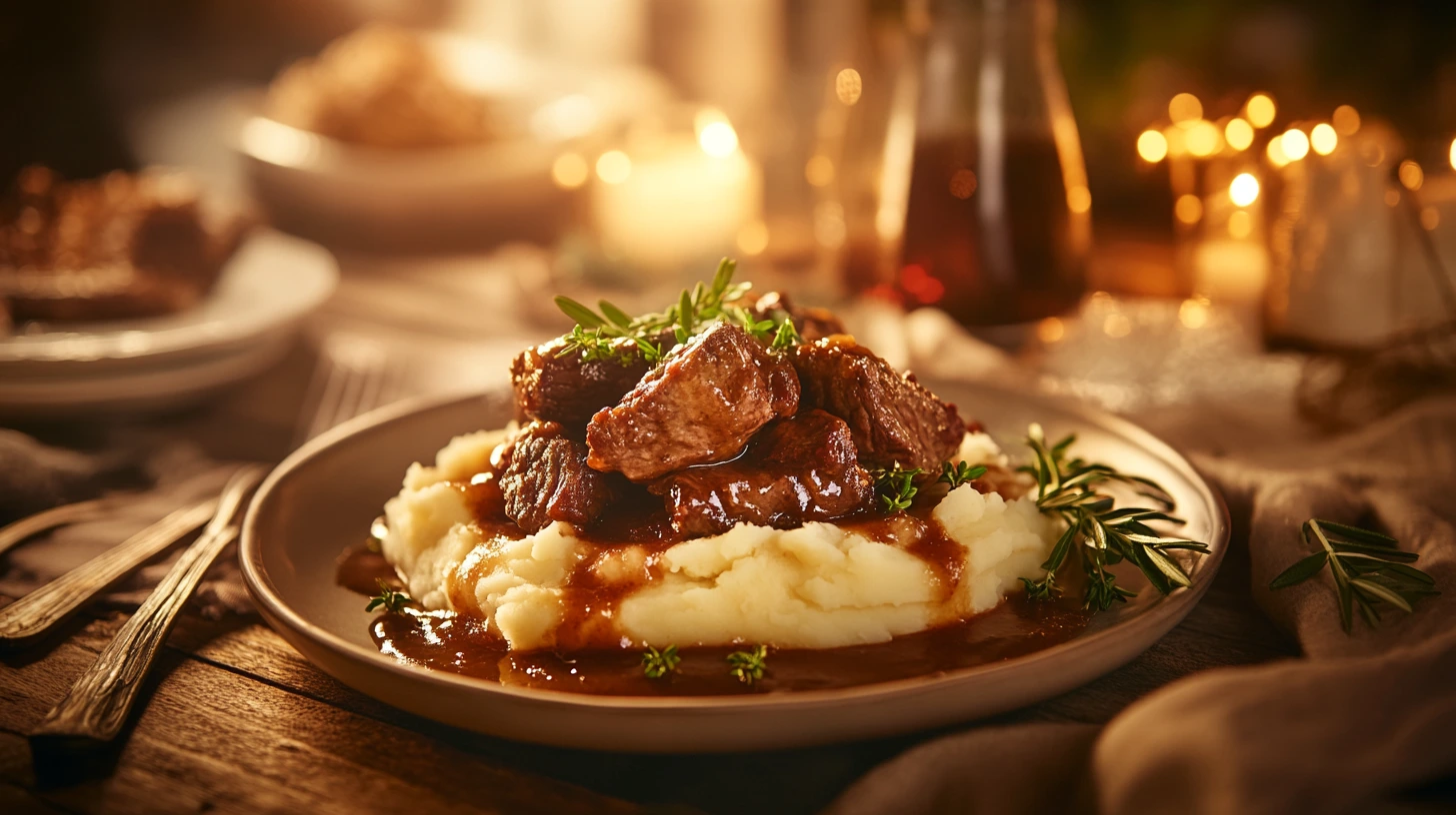 Plate of no peek beef tips with mashed potatoes on a rustic dinner table