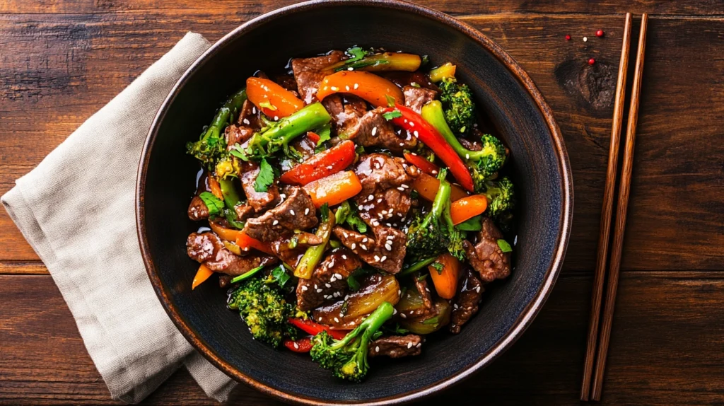 Homemade beef chop suey with vegetables in a bowl