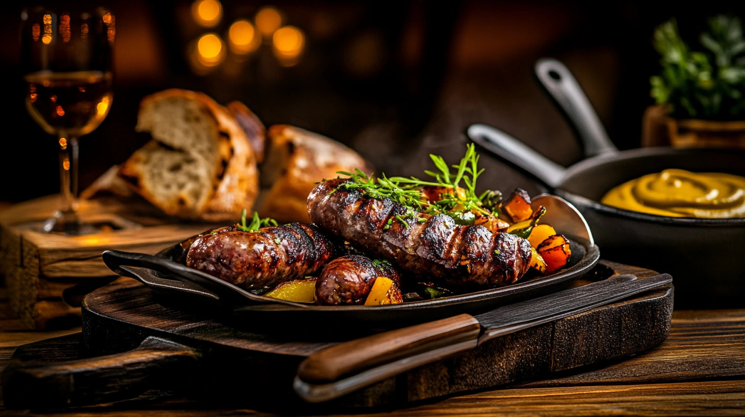 Grilled beef sausage served with mustard and herbs on rustic plate