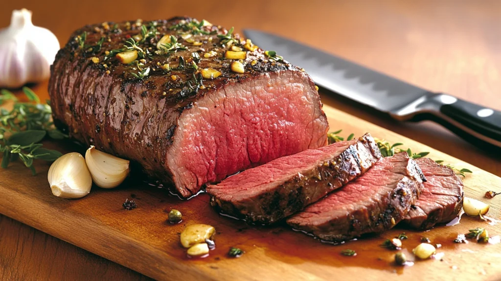 Sliced beef coulotte steak on a wooden board with herbs and garlic