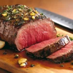 Sliced beef coulotte steak on a wooden board with herbs and garlic