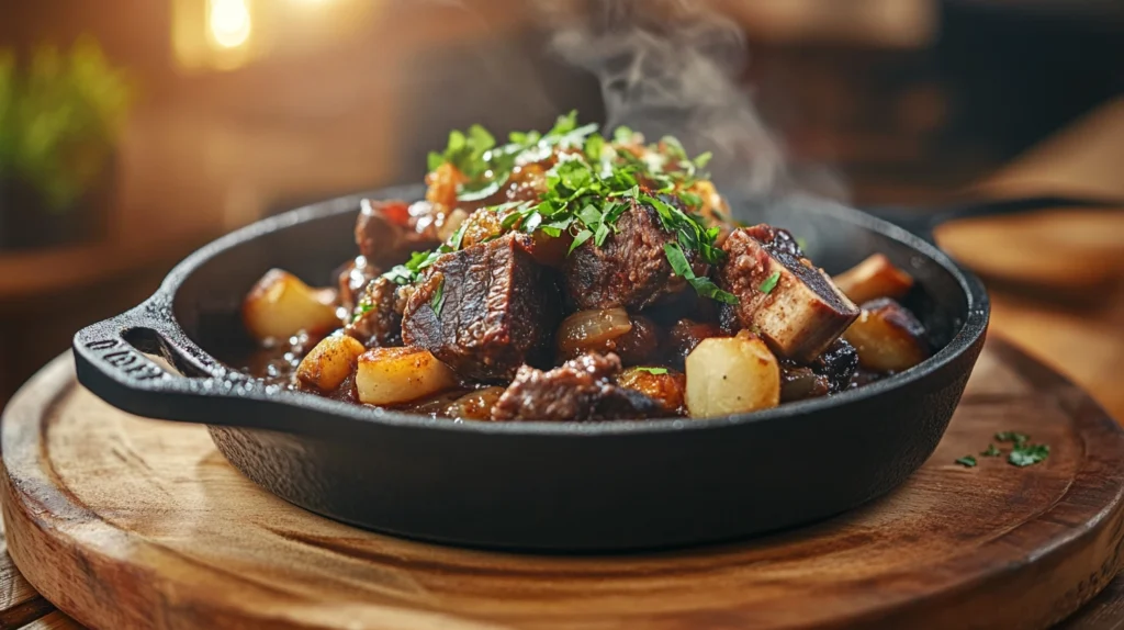 Slow-cooked beef cheek meat in a cast iron skillet with herbs